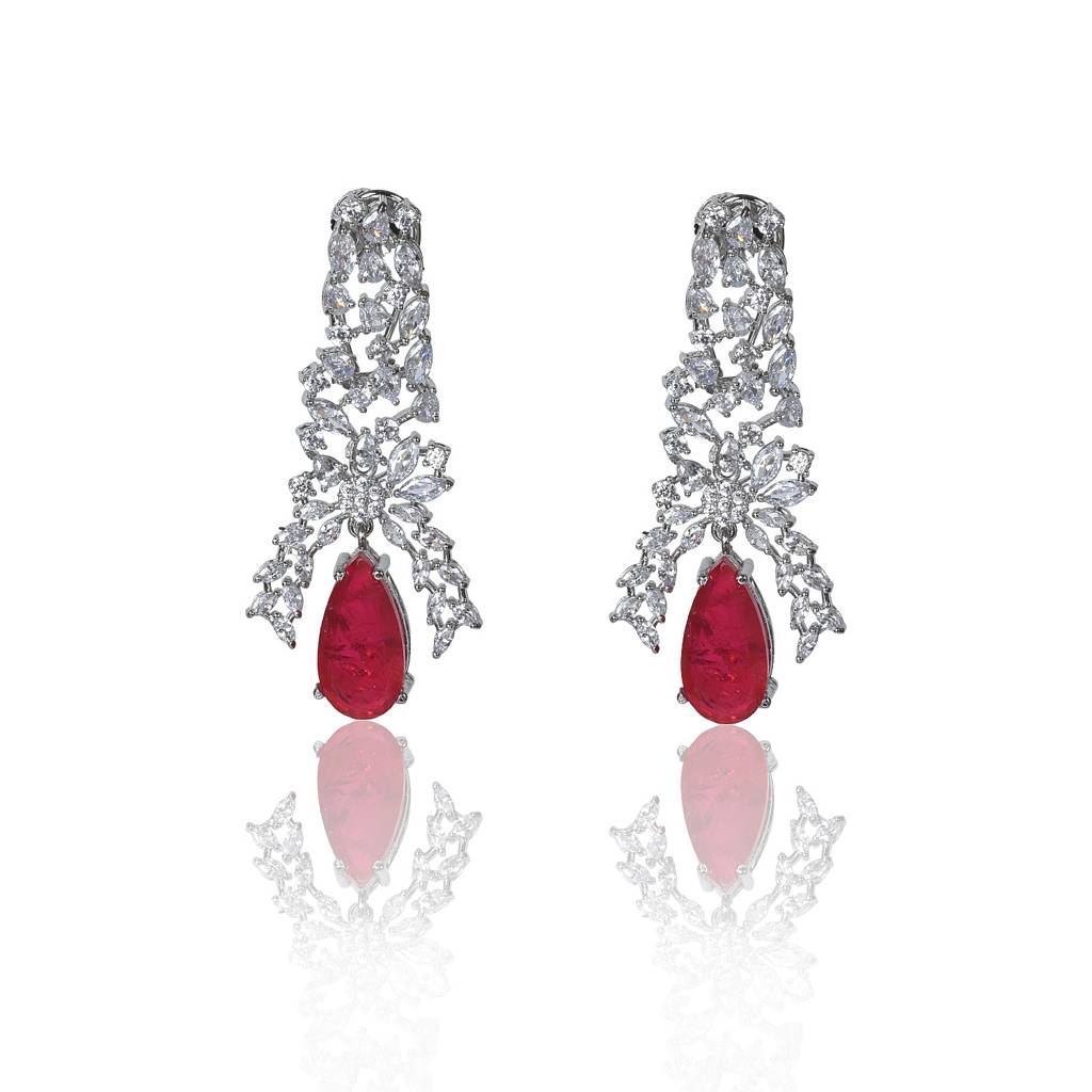 Cocktail Zircon And Red Dangler Earrings