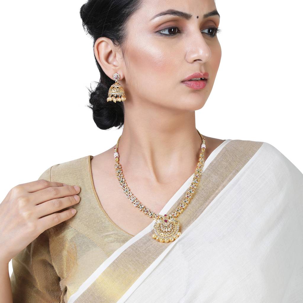 Estele Gold Plated Cz Peacock Inspired Bridal Long Necklace Set With Color Stones & Pearls For Women : AD-558-IGNKER