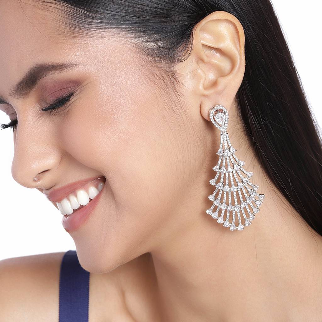 Estele Rhodium Plated Cz Magnificent Drizzle Designer Earrings For Women : AD-113724-IRER