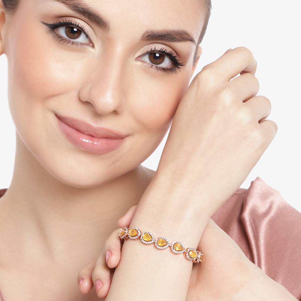 Estele Rose Gold Plated Cz Classic Drop Designer Bracelet With Mint Yellow Stones For Women : AD-054-RG-MYBR