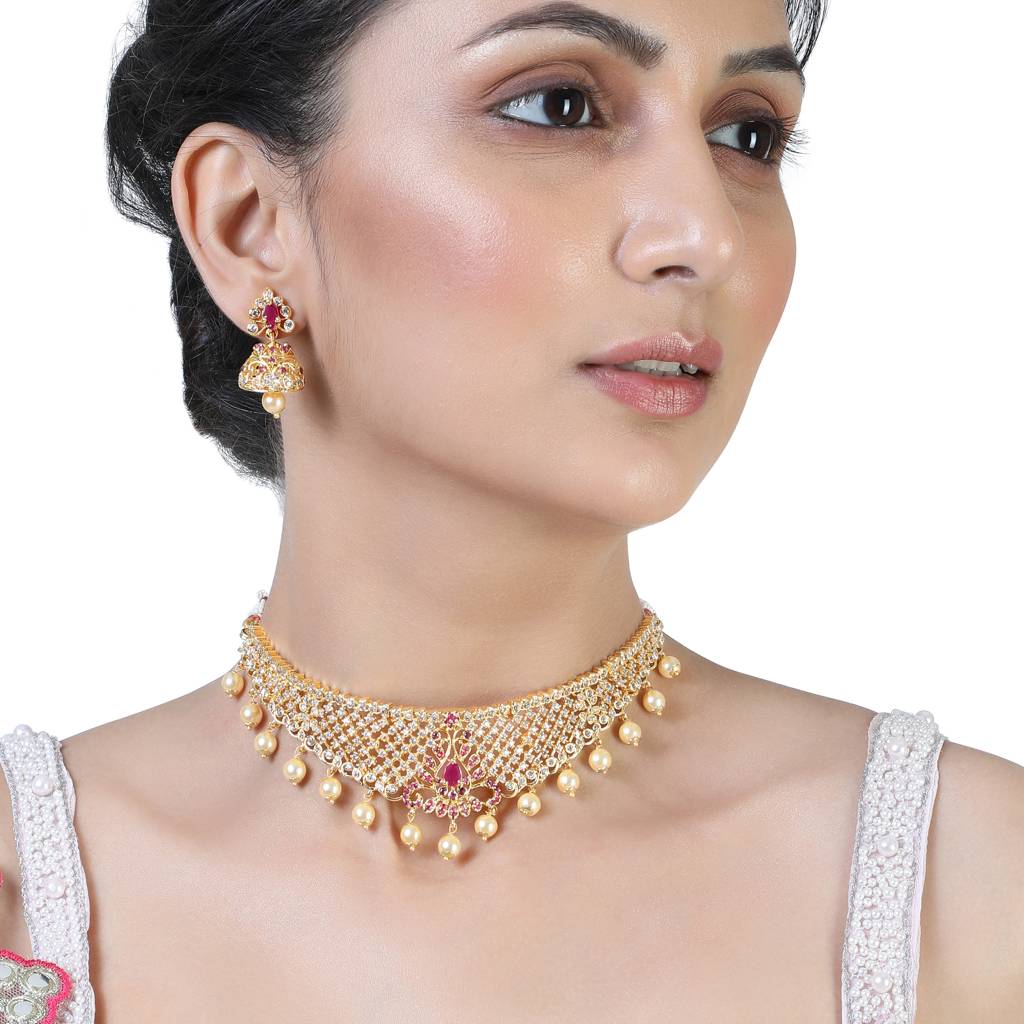 Estele Gold Plated Cz Traditional Bridal Choker Set With Pearls & Ruby Crystals For Women : AD-544C-IGNKER