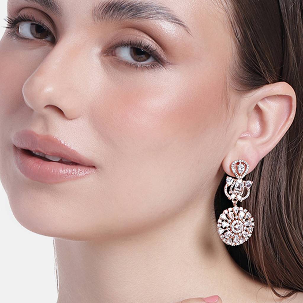 Estele Rose Gold Plated Cz Fascinating Floral Designer Earrings For Women : AD-114708-RGWEER