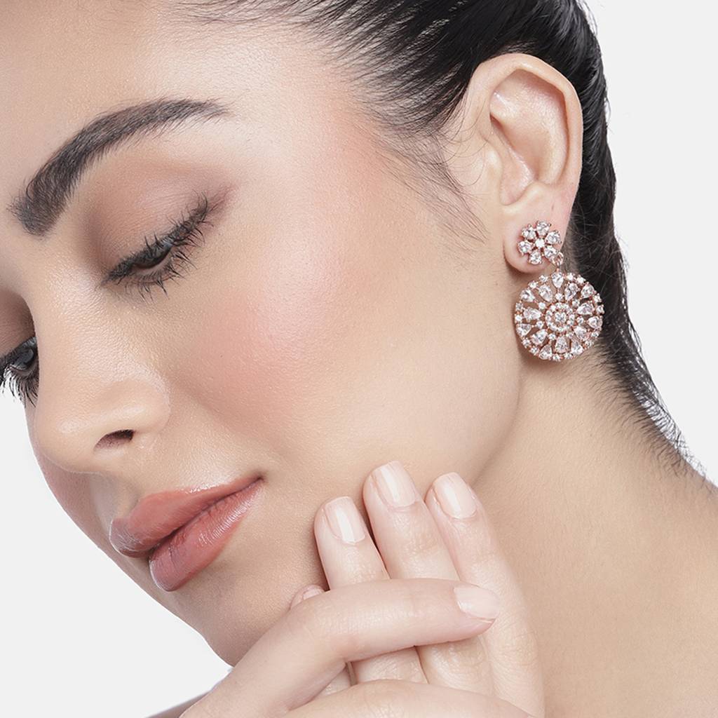Estele Rose Gold Plated Cz Gorgeous Drop Earrings With White Crystals For Women : AD-114710-RGWEER