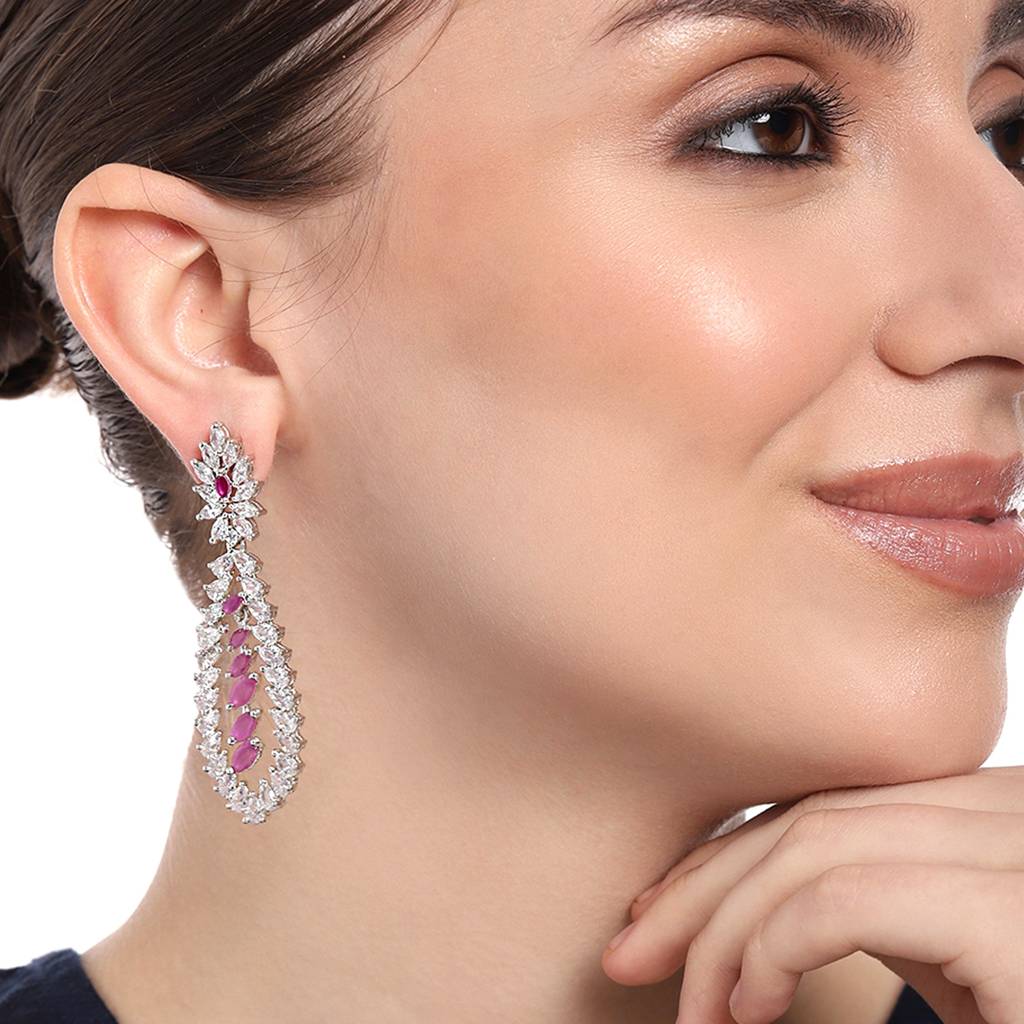 Estele Rhodium Plated Cz Shimmering Drop Designer Earrings With Ruby Stones For Women : AD-114702-IRRBER