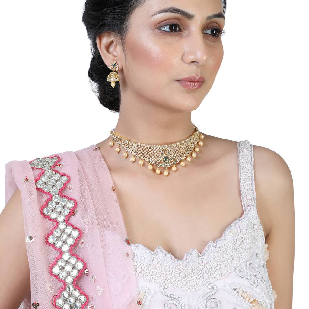 Estele Gold Plated Cz Traditional Bridal Choker Set With Pearls & Green Crystals For Women : AD-544B-IGNKER
