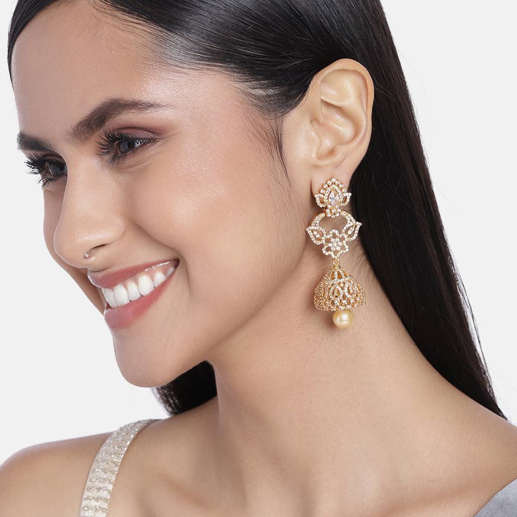 Estele Gold Plated Cz Fascinating Designer Earrings With Pearl For Women : AD-113703-IGER