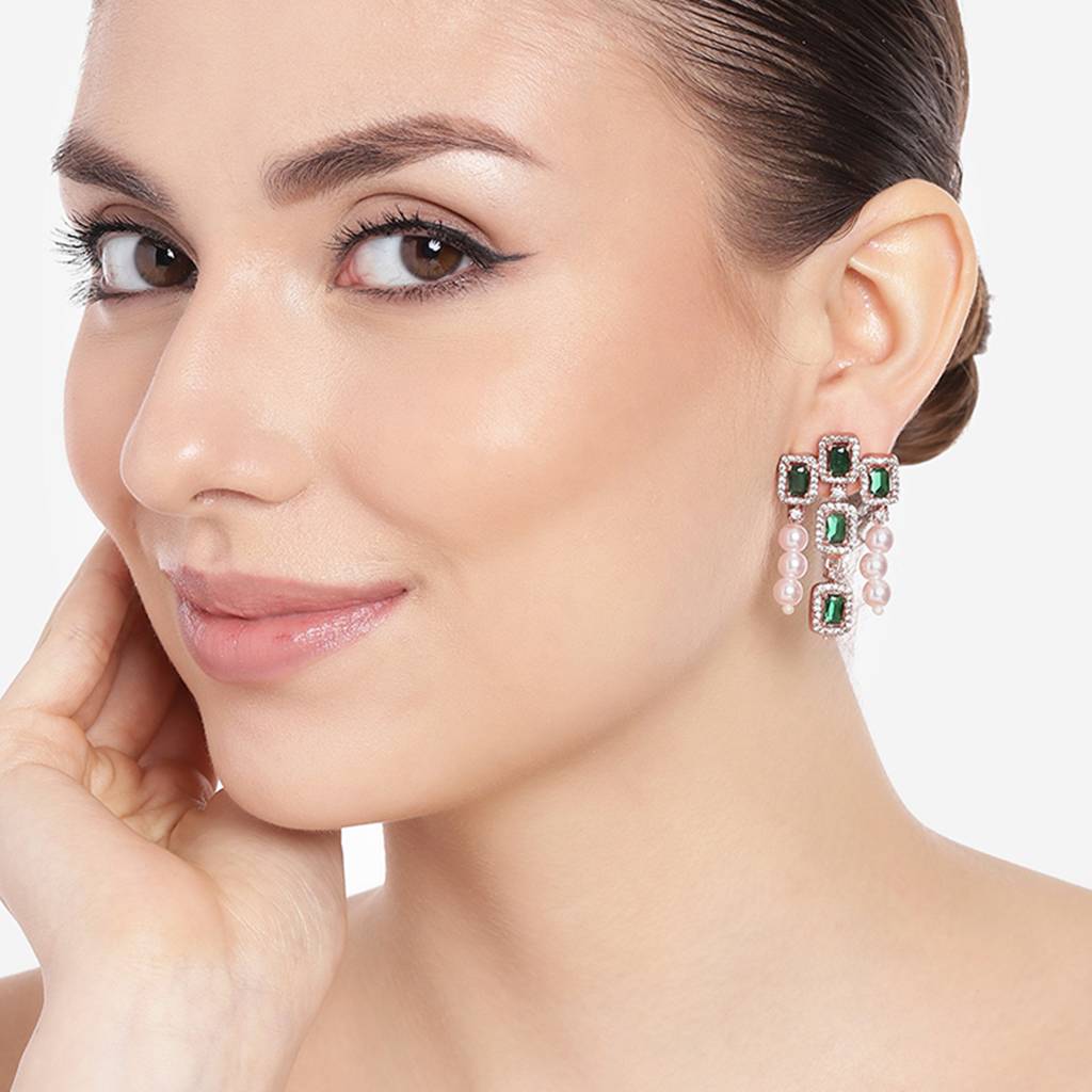 Estele Rose Gold Plated Cz Shimmering Earrings With Green Stones & Pearls For Women : AD-773-RGGNERER