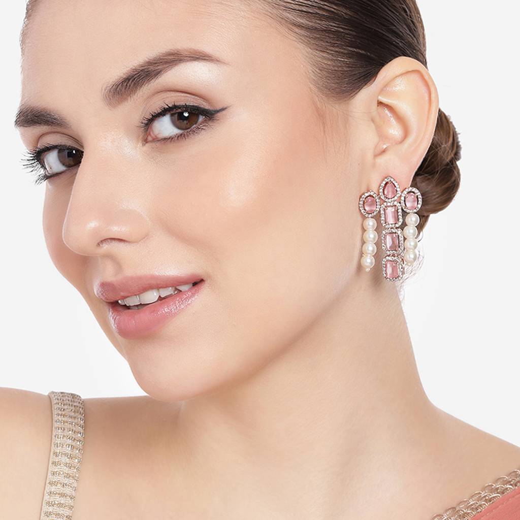 Estele Rose Gold Plated Cz Astonishing Drop Earrings With Mint Pink Stones & Pearls For Women : AD-772-RGMPERER