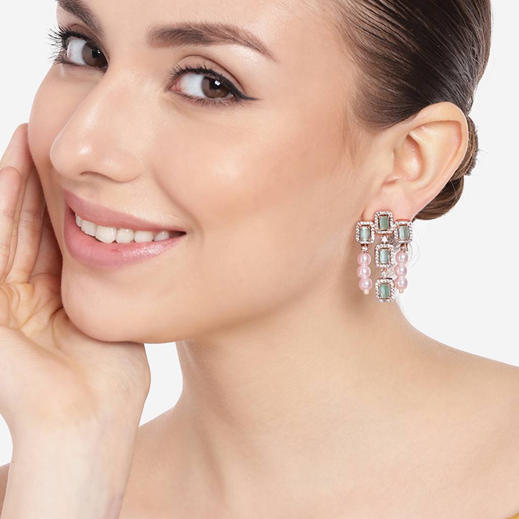 Estele Rose Gold Plated Cz Shimmering Earrings With Mint Green Stones & Pearls For Women : AD-773-RGMGERER