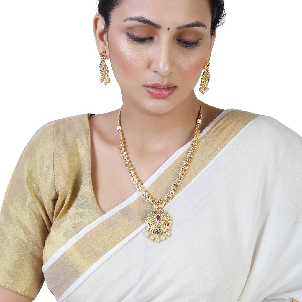 Estele Gold Plated Cz Ethnic Style Bridal Long Necklace Set With Pearls & Colored Stones For Women : AD-568-IGNKER