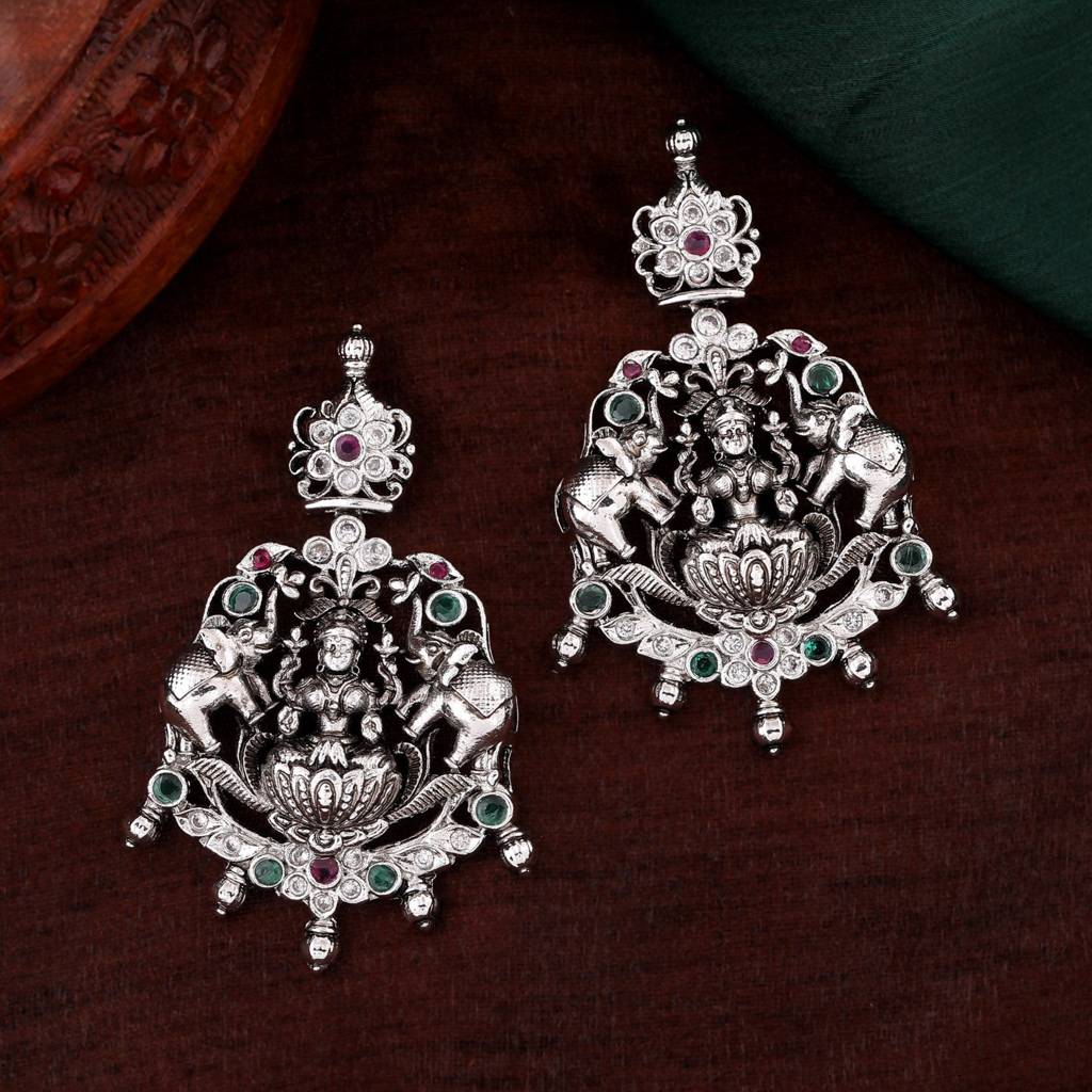 Estele Rhodium Plated Cz Lakshmi Devi Embellished With Elephants Designer Earrings For Women : AD-618-IR-ERER