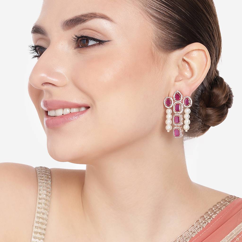 Estele Rose Gold Plated Cz Astonishing Drop Earrings With Ruby Stones & Pearls For Women : AD-772-RGRBERER