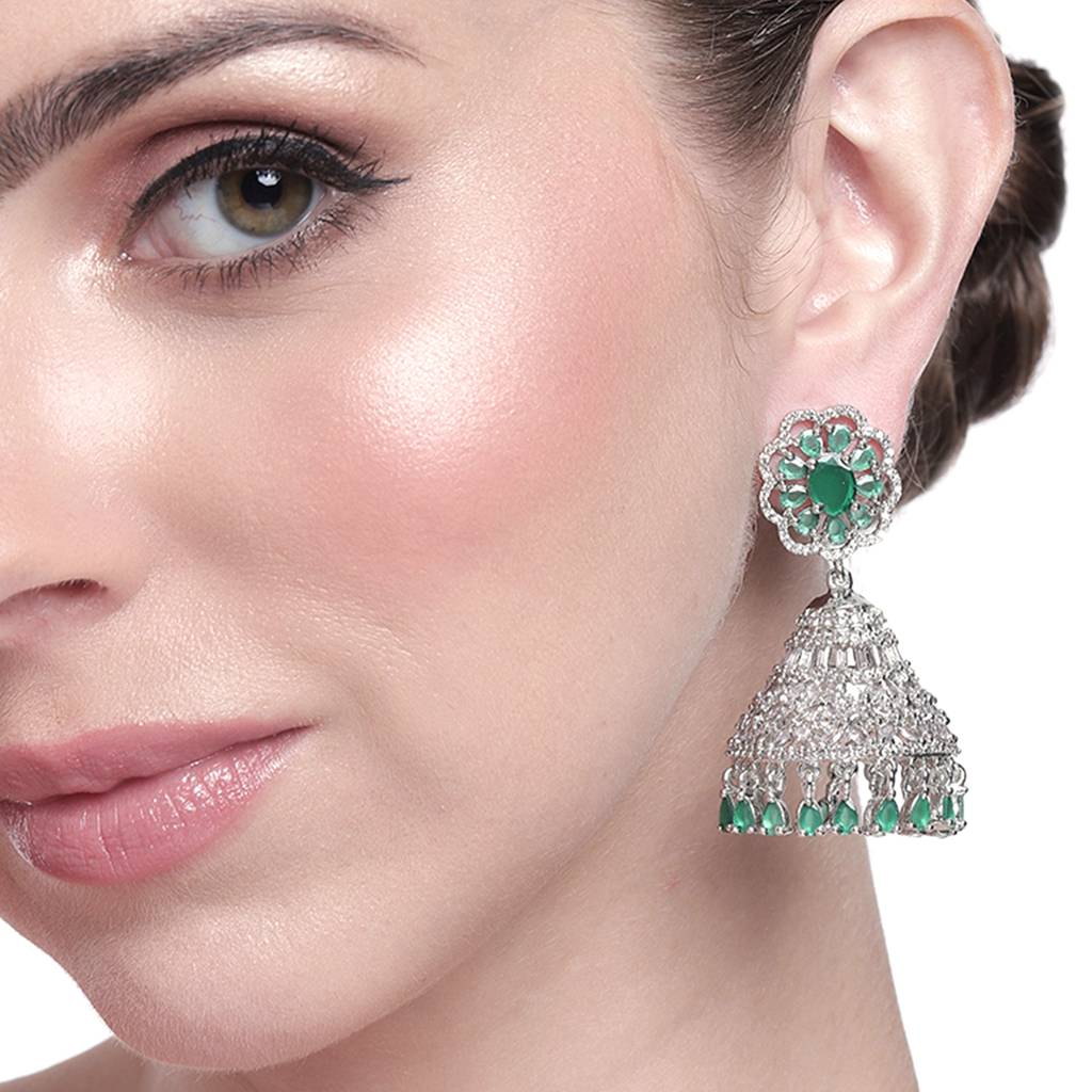 Estele Rhodium Plated Cz Flower Designer Jhumki Earrings With Green Stones For Women : AD-114711-IRGNER