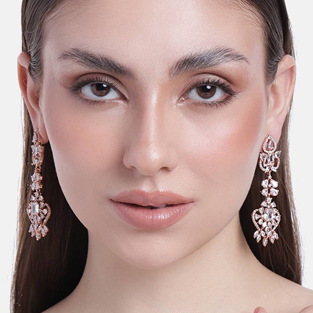 Estele Rose Gold Plated Cz Magnificent Drop Earrings With White Crystals For Women : AD-114704-RGWEER