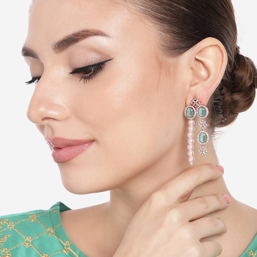 Estele Rose Gold Plated Cz Magnificent Earrings With Mint Green Stones & Pearls For Women : AD-770-RGMGERER