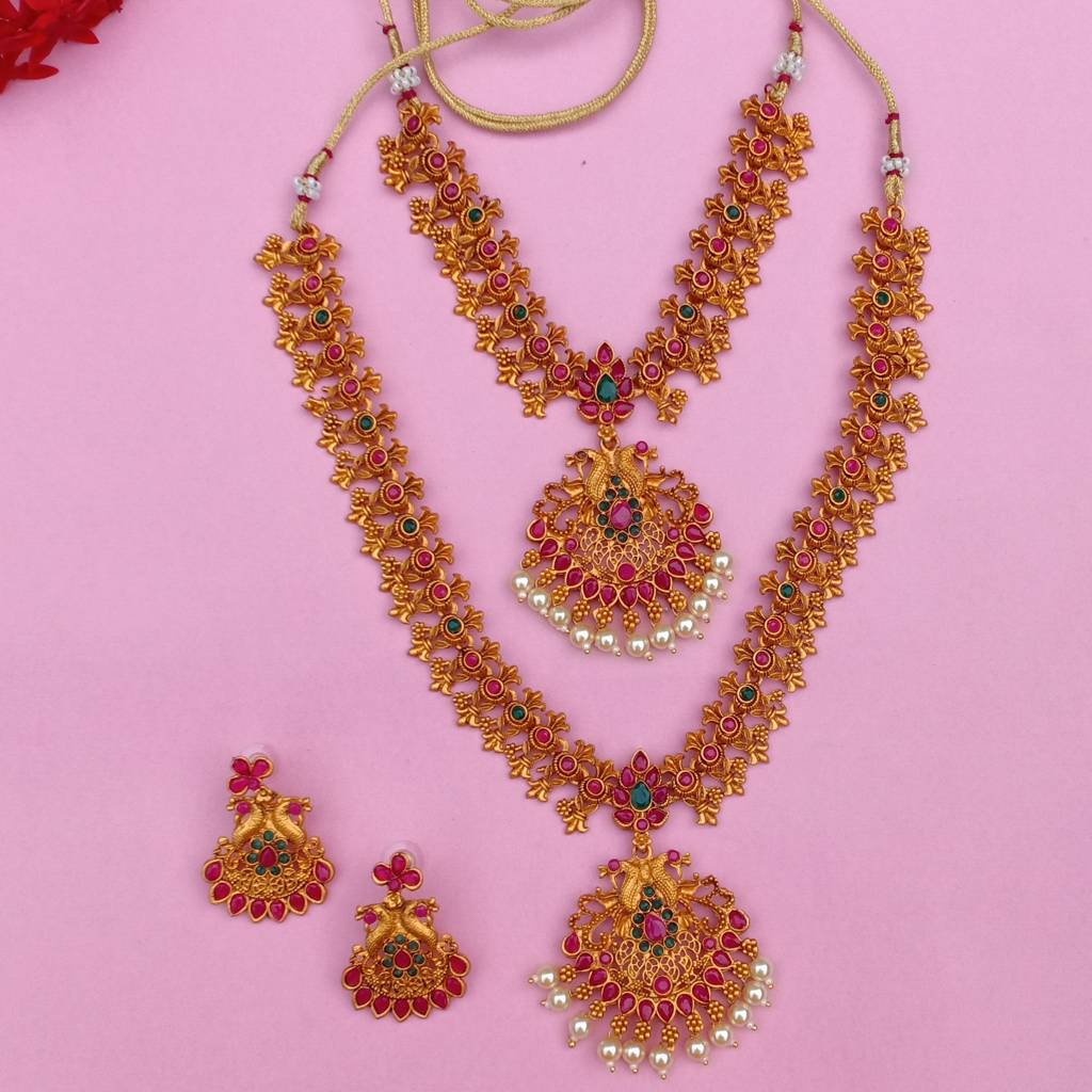 Estele Gold Plated Double Line Peacock Nakshi Temple Necklace Set With Colored Stones & Pearls For Women : OS-J01-SHVNKER