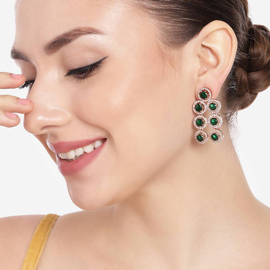 Estele Rose Gold Plated Cz Splendid Drop Earrings With Green Stones For Women : AD-771-RGGNERER