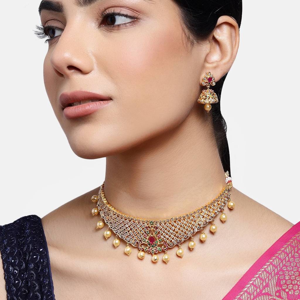 Estele Gold Plated Cz Fascinating Bridal Necklace Set With Colored Stones & Pearls : AD-544A-IGNKER