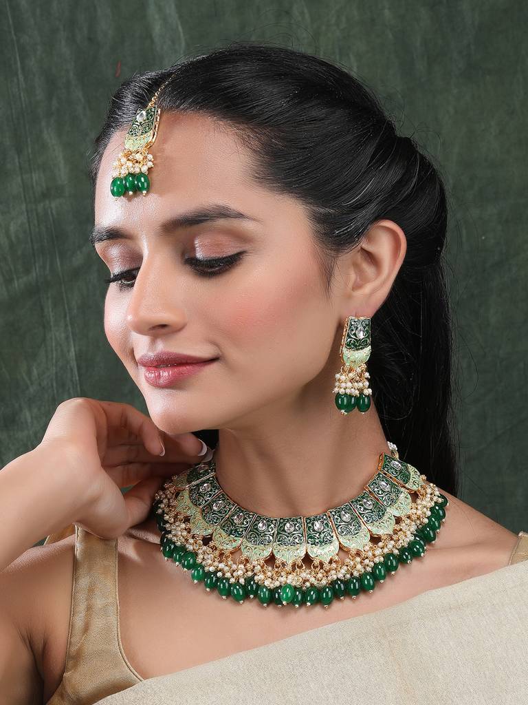 Dual Colour Kundan Meenakari Necklace Set With Earrings And Maangtika : Kundan08Green