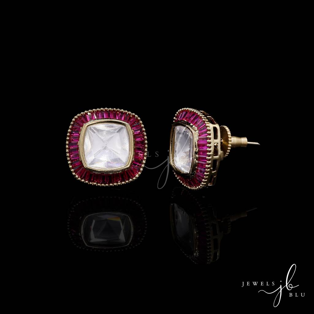 Classic Polki And Baguette Ruby Jigyasa Studs In Antique Gold Finish : 100006