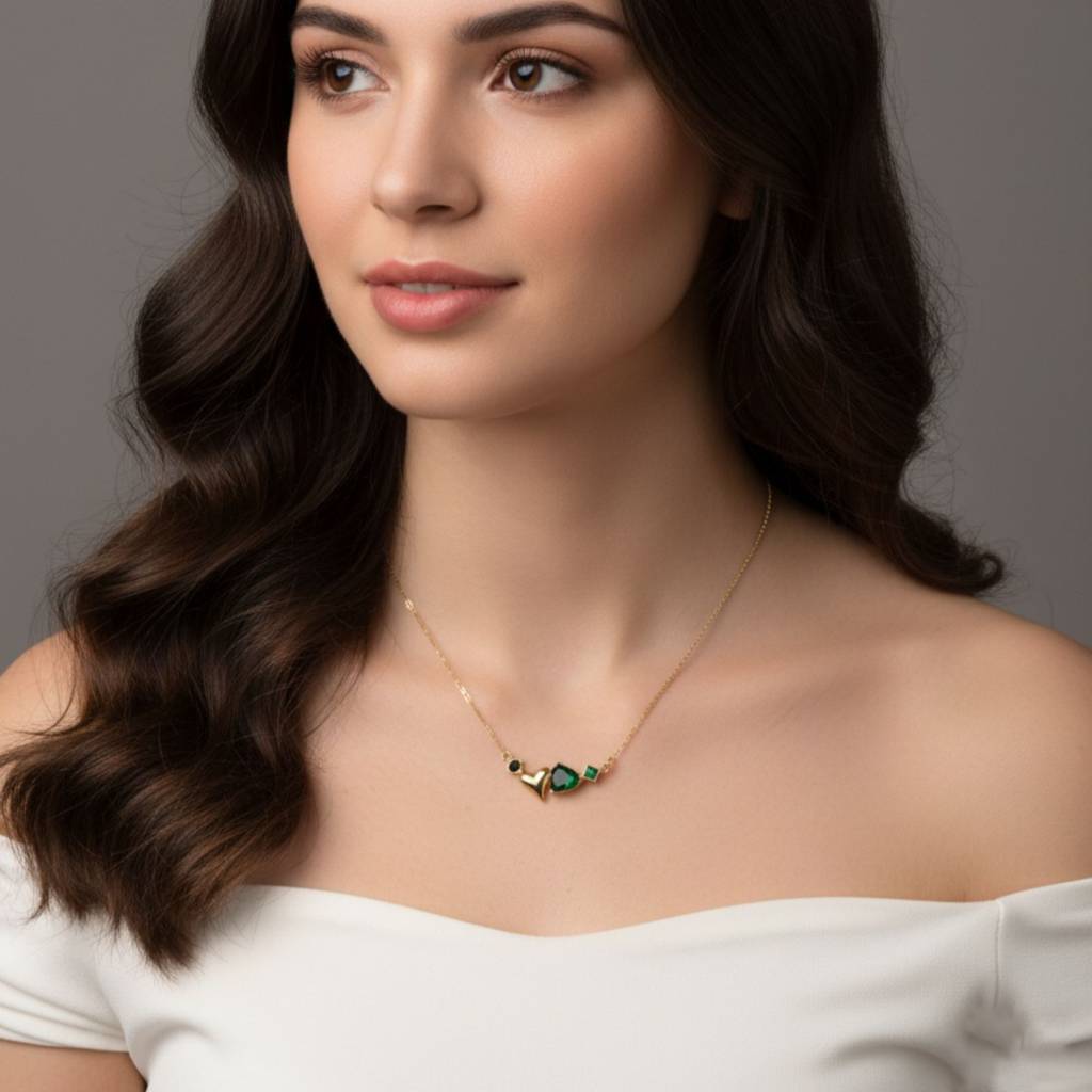 18K Gold Plated Heart & Green Charm Necklace : RJFSPN14