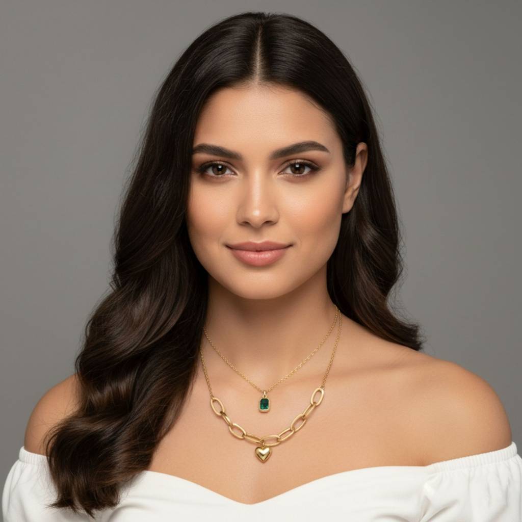 18K Gold Plated Layered Heart & Green Stone Necklace : RJFSPN13