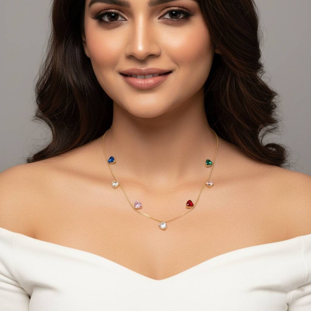 18K Gold Plated Multicolour Heart Station Necklace : RJFSPN15