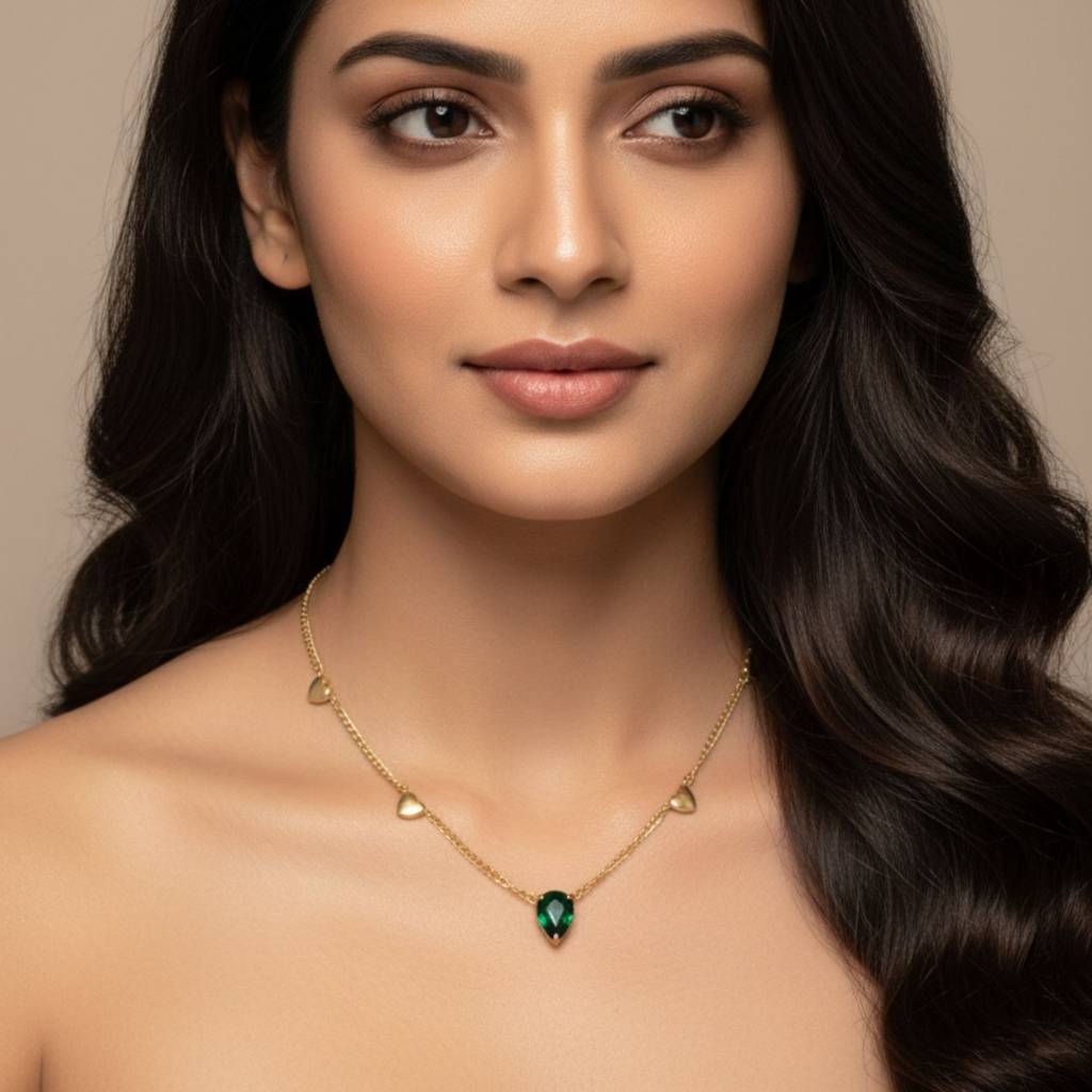 18K Gold Plated Green Heart Charm Necklace : RJFSPN29