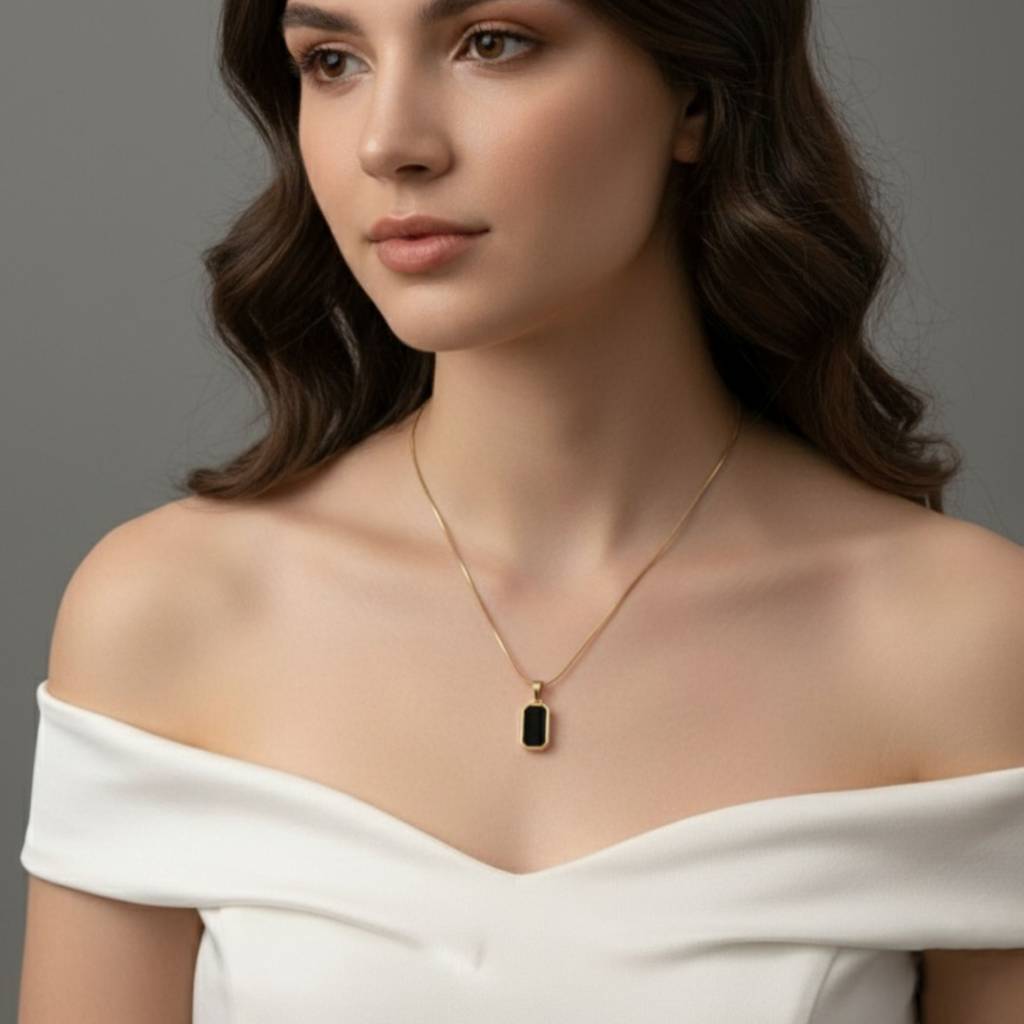 18K Gold Plated Black Enamel Rectangle Pendant Necklace : RJFSPN36