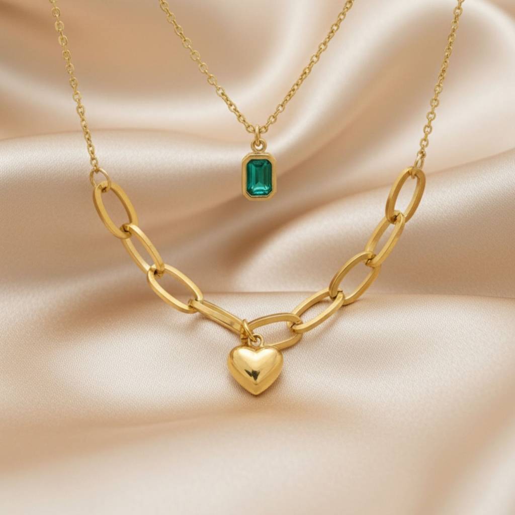 18K Gold Plated Layered Heart & Green Stone Necklace : RJFSPN13