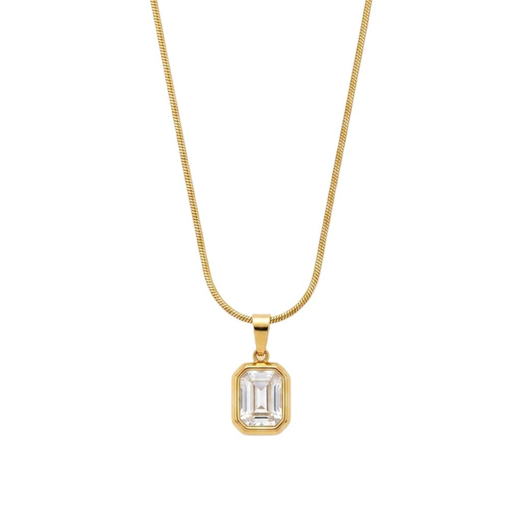 18K Gold Plated White Emerald-Cut Cz Bezel Pendant Snake Chain Necklace : RJFSPN166