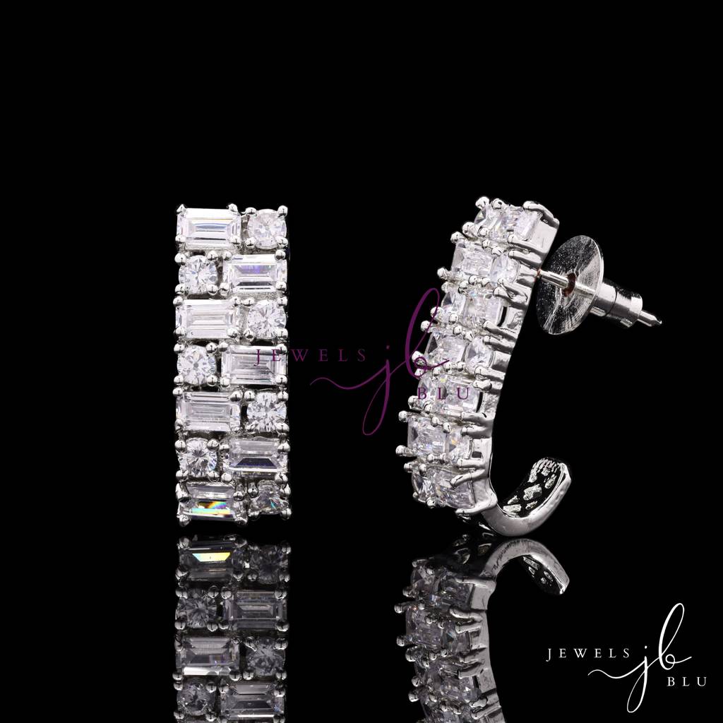 American Diamond Baguette Studded Hoop Style Anti Tarnish Daily Wear Earrings : 100880