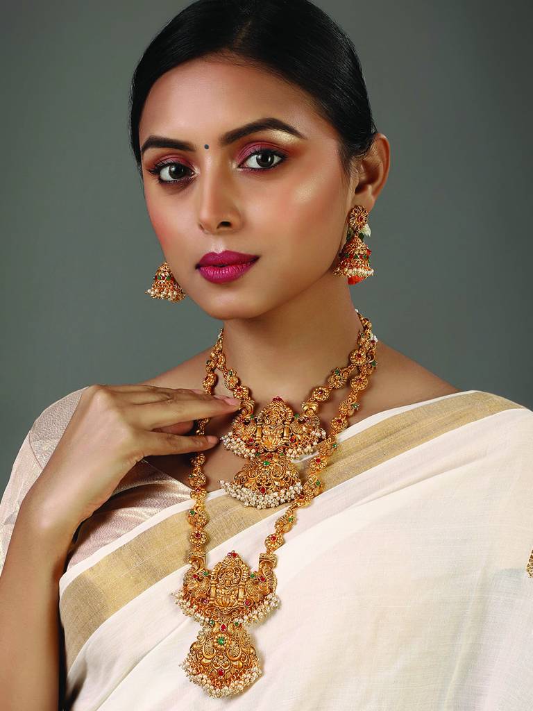 Estele Gold Plated Auspicious Temple Styled Bridal Necklace Set Combo For Women : 10090-IG-COMNKER