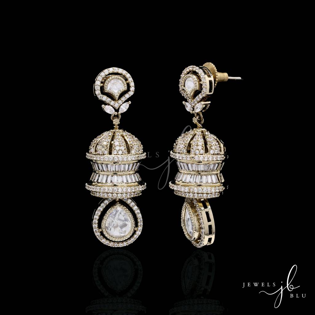 Festive Exclusive Antique Gold Finish 3 Layered Premium Moissanite Polki Jhumki Earrings : 100941