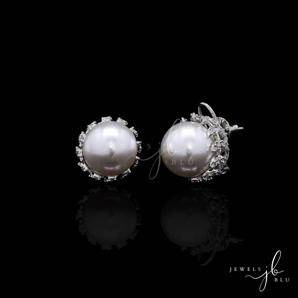 Classic Gina American Diamond And Fresh Water Pearl Studs : 100955