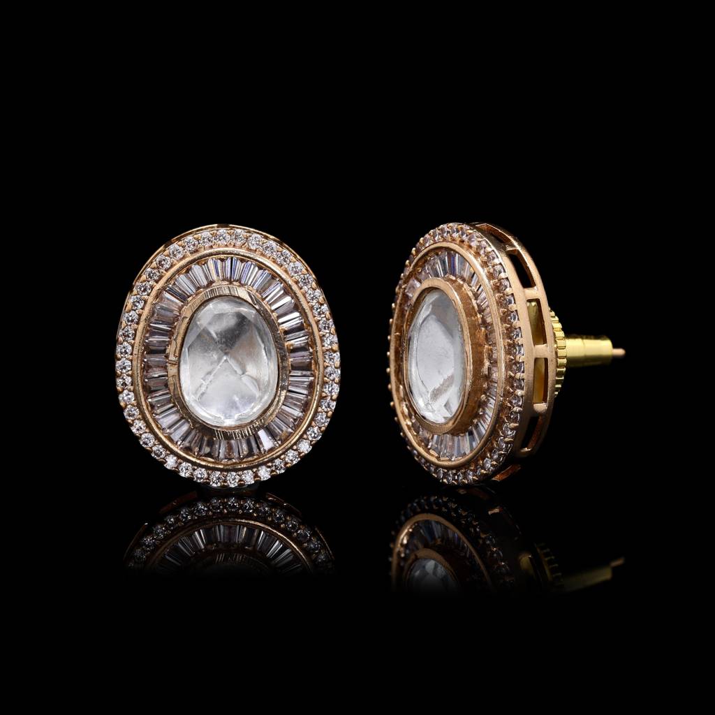 Gold Finish Classic Oval Polki Sahiba Studs : 100970