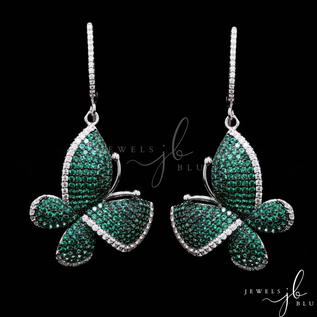 Invisible Setting Green Butterfly Hanging Earrings : 100979