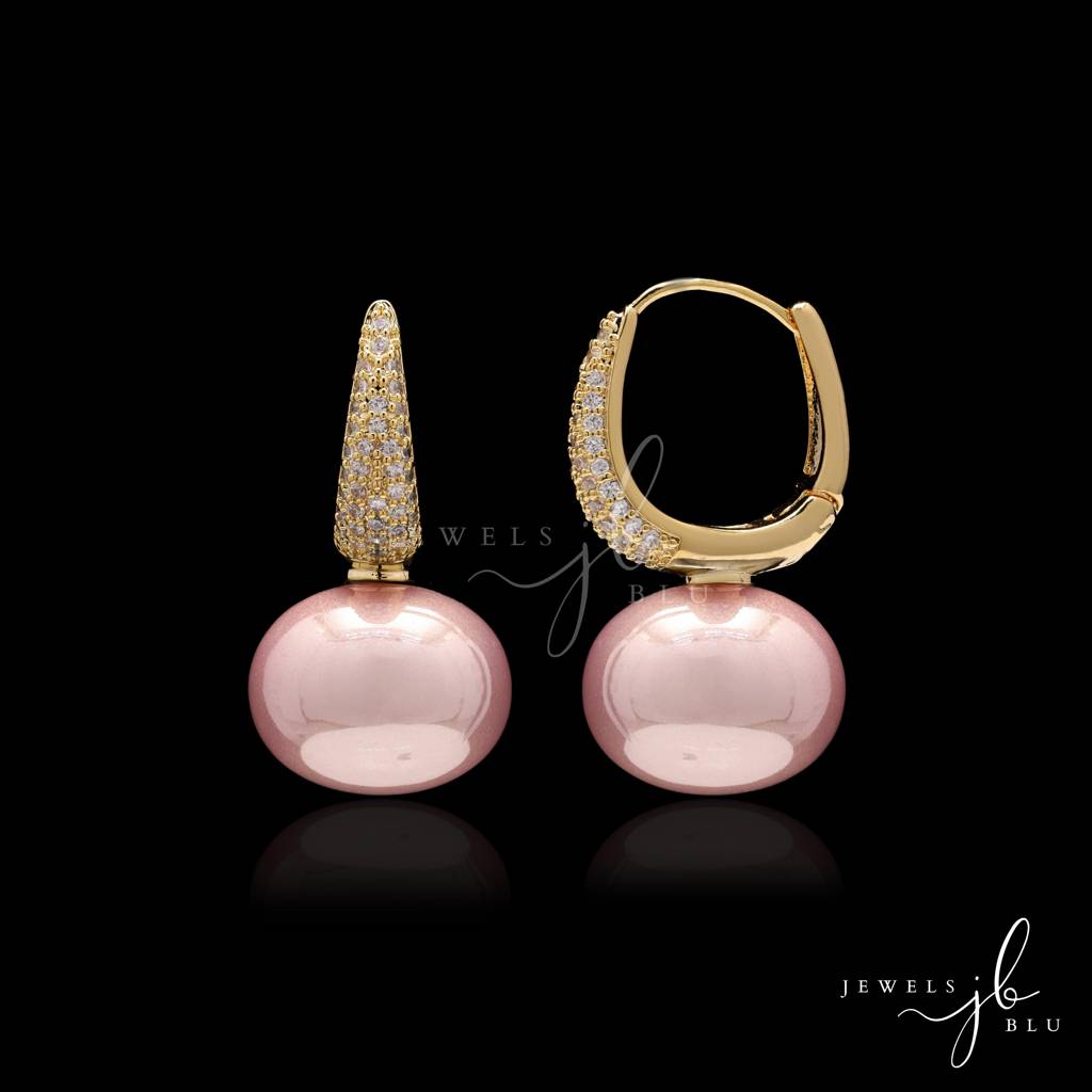 Metallic Pink Fresh Water Pearl Gold Finish Huggie Earrings With Micro Setting American Diamonds : 100991