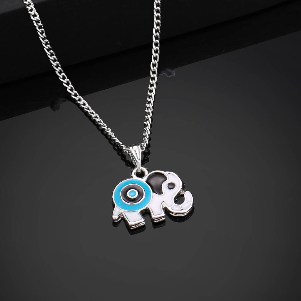 Estele Rhodium Plated Elephant Designer Evil Eye Charm Pendant With Black & Turquoise Blue Enamel For Gi : 1011-IR-BKTQPENDANT