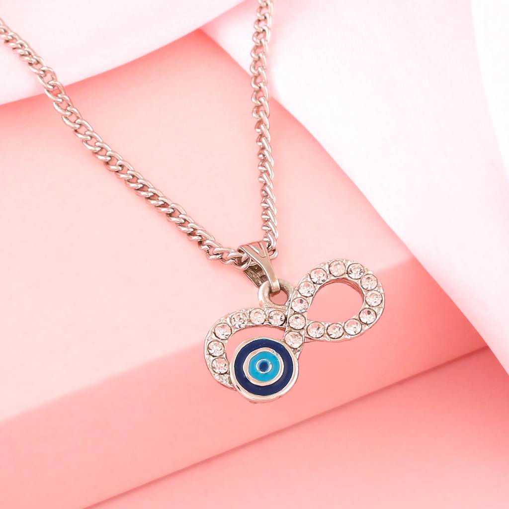 Estele Rhodium Plated Infinity Shaped Evil Eye Charm Pendant With