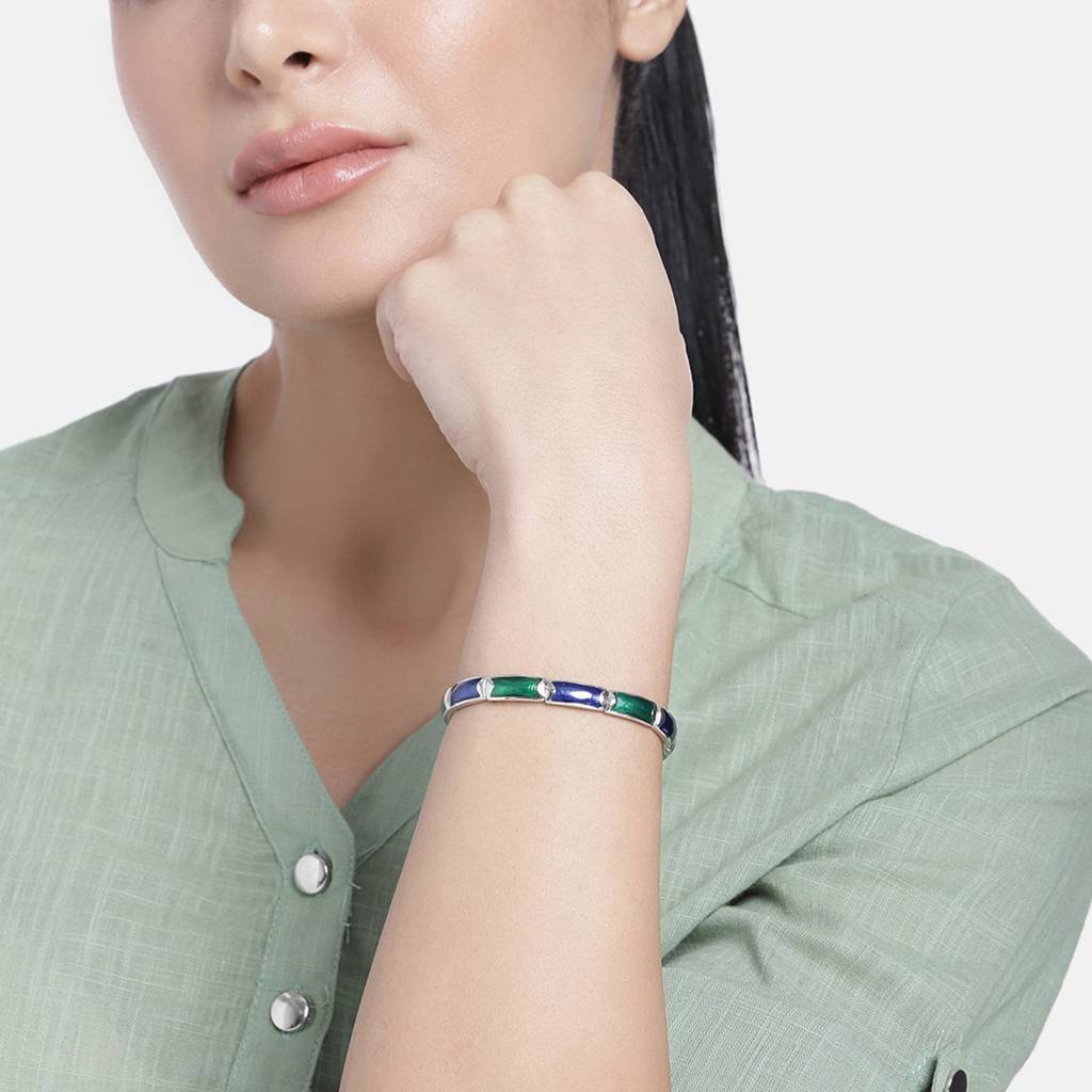 Estele Rhodium Plated Attractive Cuff Bracelet With Blue & Green Enamel For Women : 101353ZBR