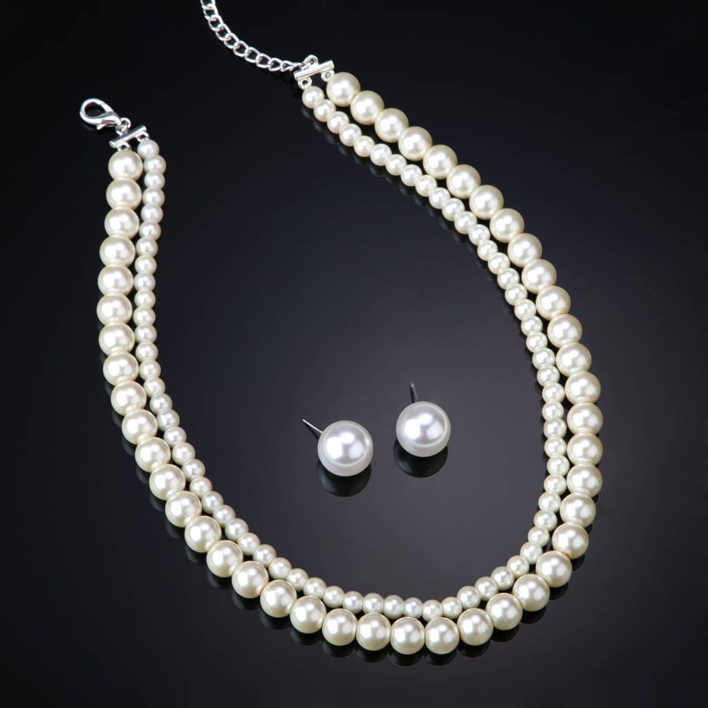 Estele Rhodium Plated Stunning Double Line Pearl Necklace Set For Women : 10144-IRNKER