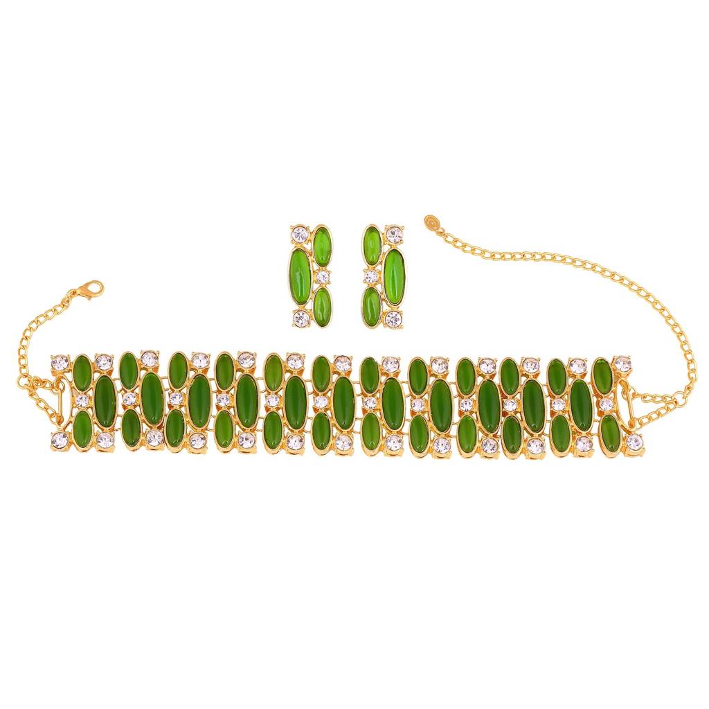 Estele Gold Plated Captivating Necklace Set With Green & White Stones For Women : 10156-BG-GNNKER