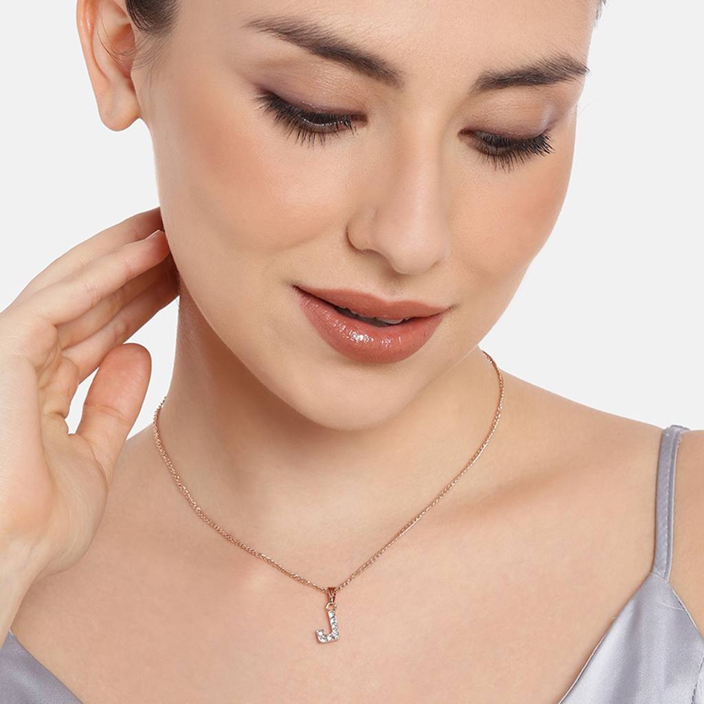 Estele Rosegold Plated Small & Trendy 'J' Letter Pendant With Crystals For Girl'S & Women : 1017-RG-JPENDANT