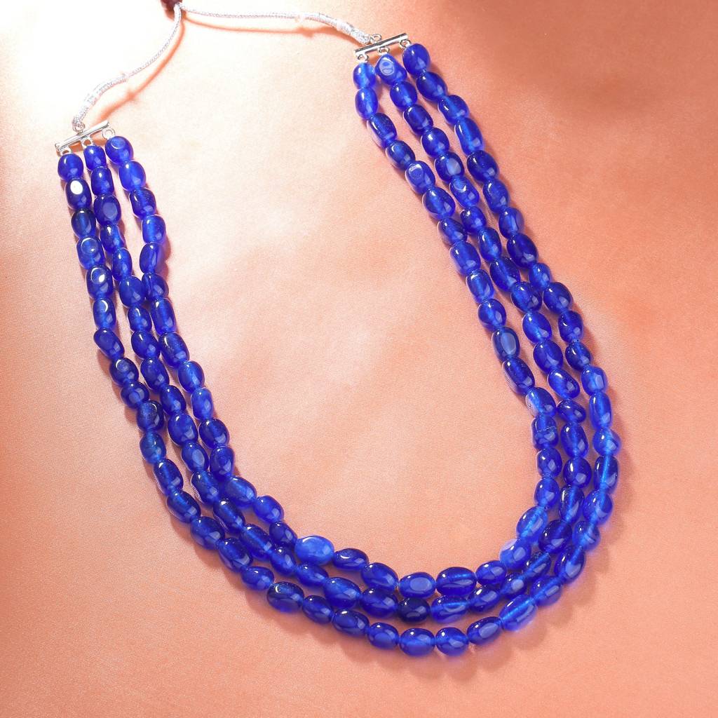 Estele Rhodium Plated Glimmering Designer Three Layered Necklace With Blue Beads For Girls/Women : 10179-IR-BLNK