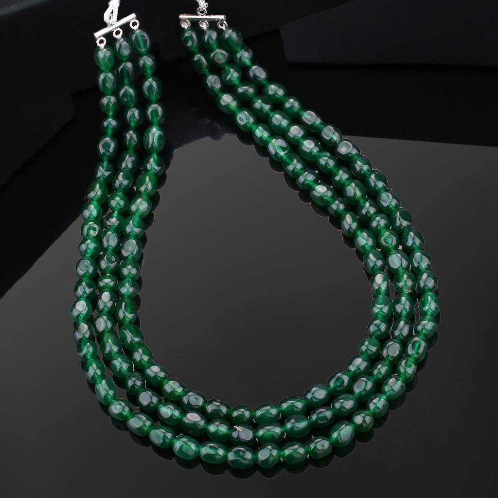 Estele Rhodium Plated Sparkling Designer Three Layered Necklace With Green Beads For Women : 10182-IR-GNNK