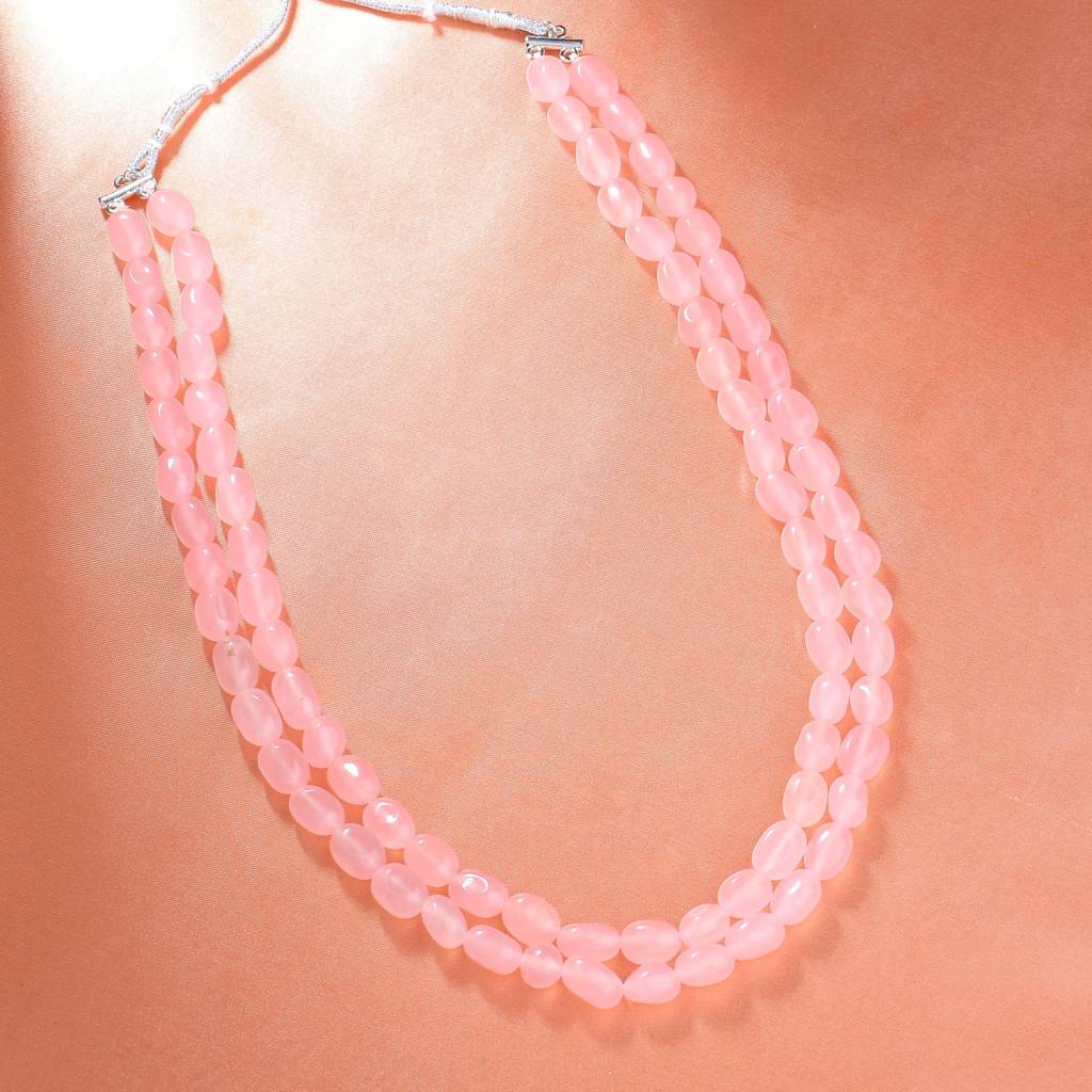 Estele Rhodium Plated Sparkling Double Layered Necklace With Mint Pink Beads For Girls/Women : 10183-IR-MPNK