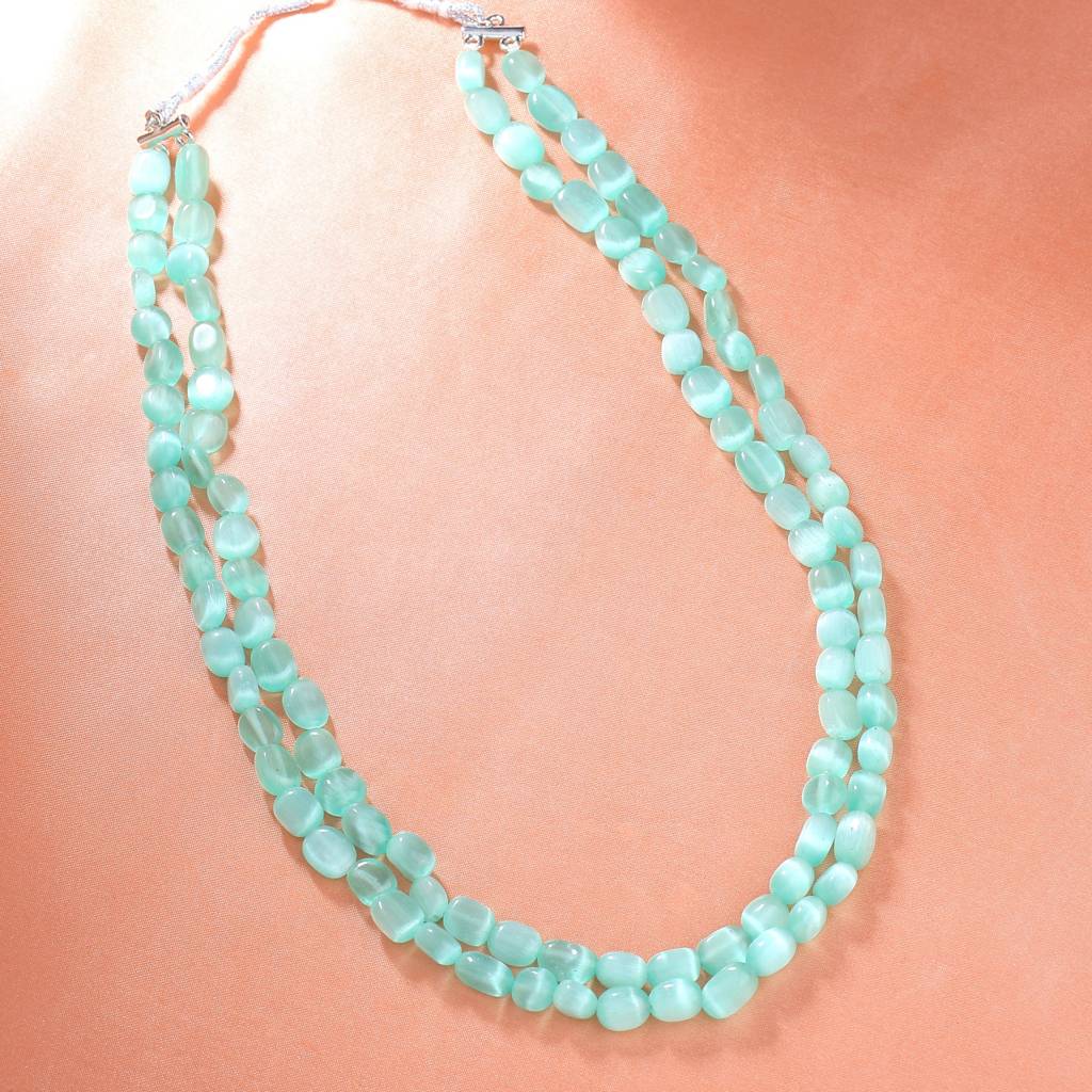 Estele Rhodium Plated Swanky Double Layered Necklace With Mint Green Beads For Girls And Women : 10184-IR-MGNK