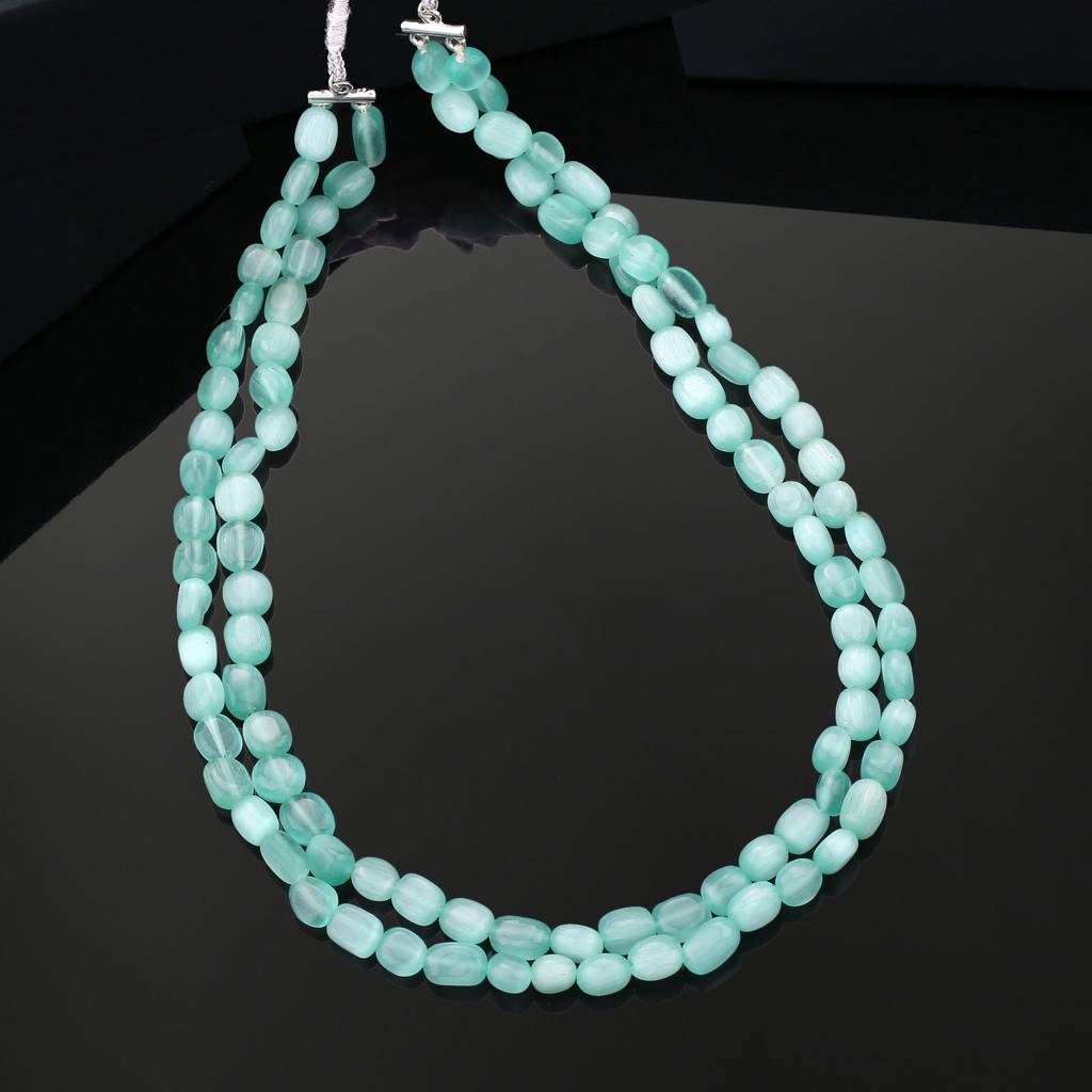 Estele Rhodium Plated Swanky Double Layered Necklace With Mint Green Beads For Girls And Women : 10184-IR-MGNK