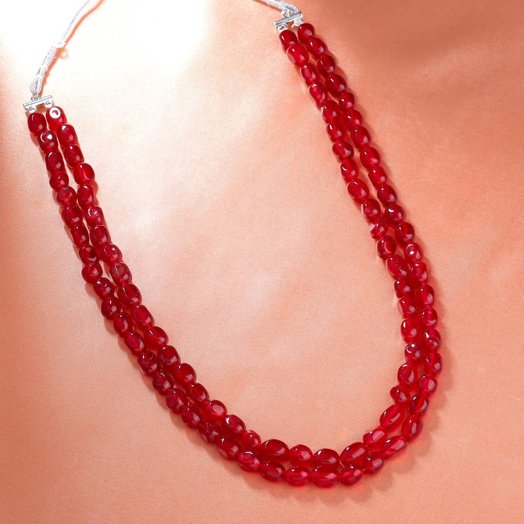 Estele Rhodium Plated Trendy Double Layered Necklace With Ruby Beads For Girls/Women : 10187-IR-RBNK